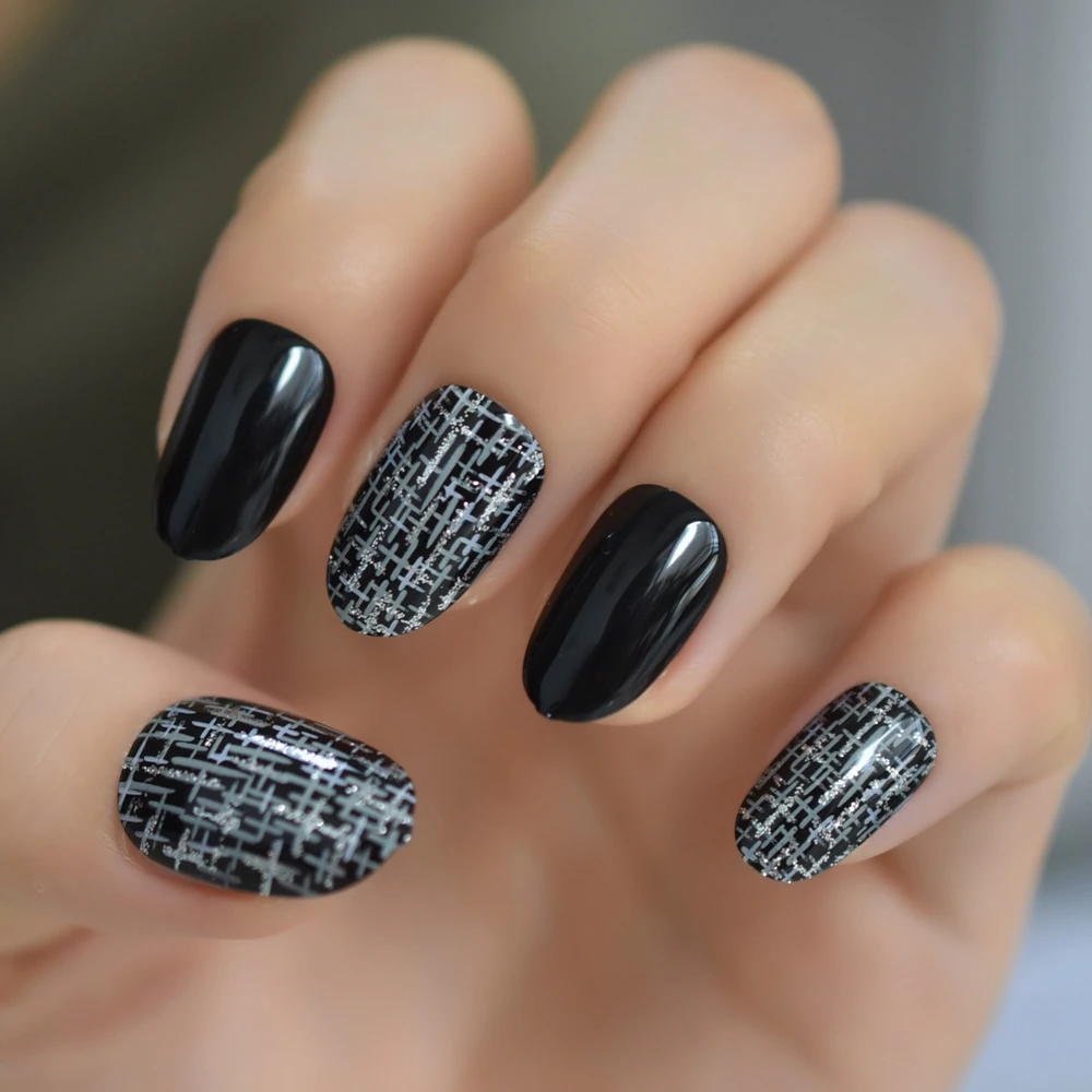 

Fashion Silver Cross Rain Fake Nail Tips Black Full Cover Artificial 24pcs/kit Round False Press On Nails Free Adhesive Tabs