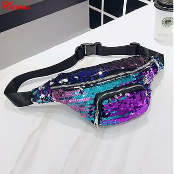 

2019 Unisex Glitter Waist Bag Waterproof Waist Travel Belt Money Wallet Pouch Hip Running Bag Pack Leisure Sequins Mini Zip Bag