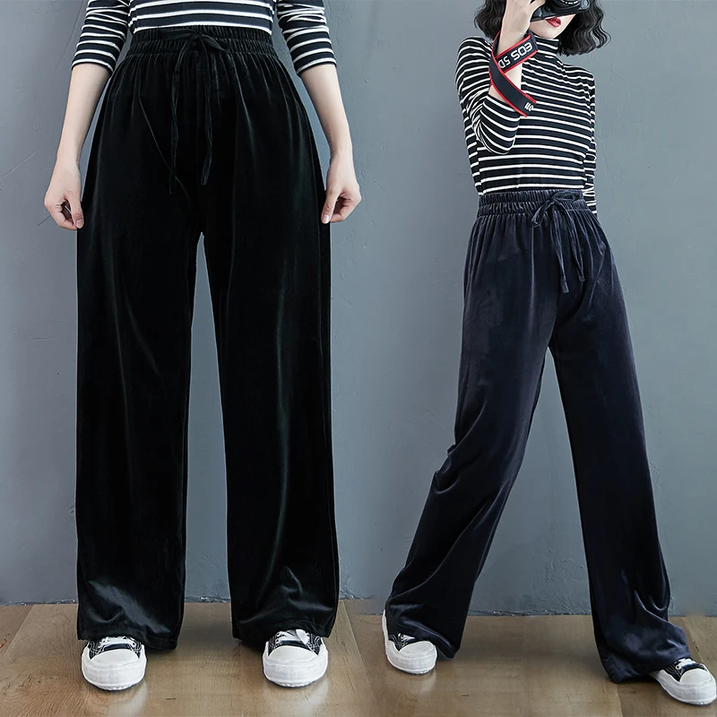 Pleuche Wide Leg Pants Female 2020 Autumn and Winter New Style Elastic Waistband Lace-up Loose Leisure Drooping Slimming | Женская