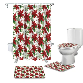 

Christmas-Themed Plant Designs Shower Curtains Set Bathroom Waterproof Shower Curtain Bathroom Set with Shower Curtain and Rugs