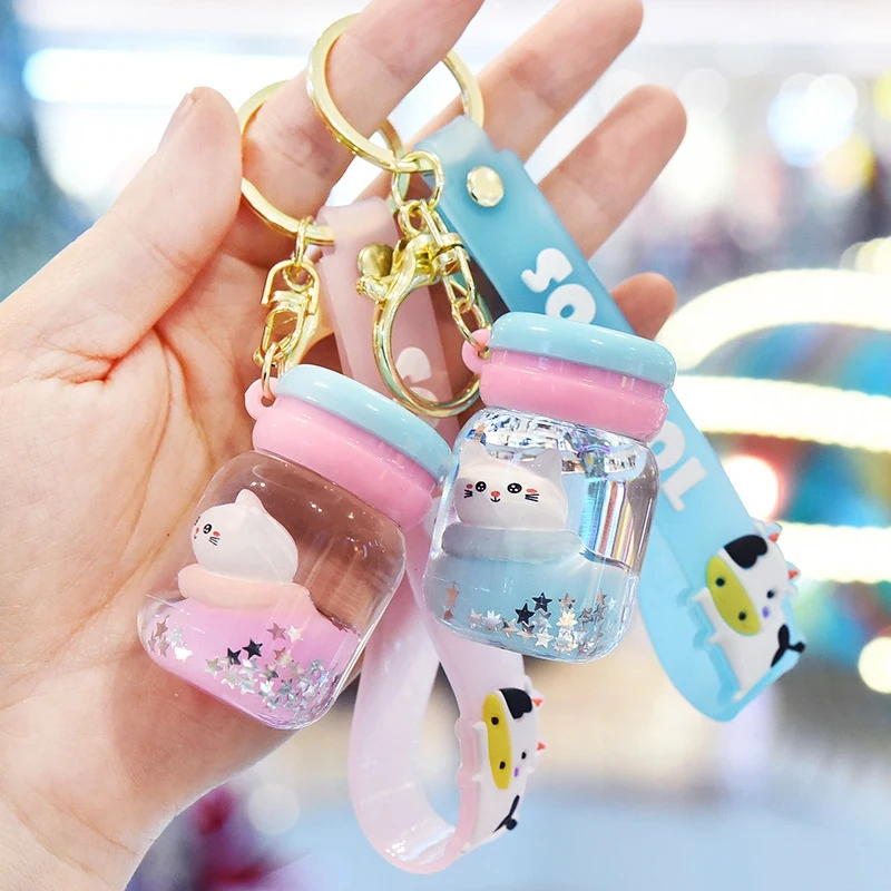 1Pcs Bubble Tea Cat Keychain Creative Milk Tea Cup Liquid Crystal