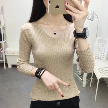 

sweater women's 2019 autumn and winter new V-neck long-sleeved self-cultivation wild bottoming knit sweater women's pullover