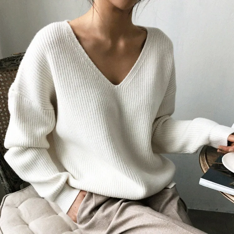

Warm thick sweater 2020 Autumn Winter Women's Knitwear sexy V-Neck Minimalist Tops Korean Irregular Hem Knitted Casual Sweaters