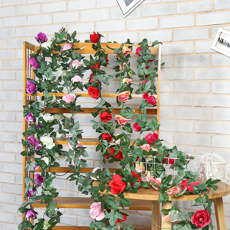 Silk artificial rose vine hanging 16 heads flowers for wall decoration