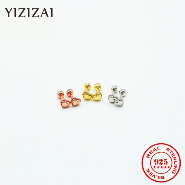 YIZIZAI 925 Sterling Silver Earring: Cute Heart Shape Screw Stud Earring Mini Sweet Personality Ear Bone Nail Girl Ear Jewelry