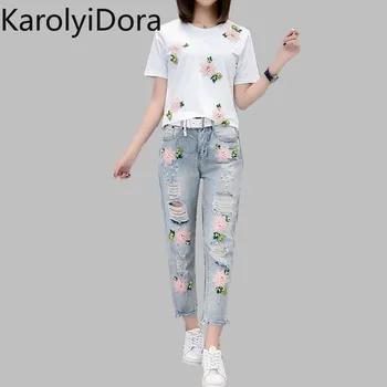 

M-5XL Women Jeans Suits 2020 Summer Embroidery Floral Beading Cotton White T Shirts + Denim Hole Tassel Pants Sets