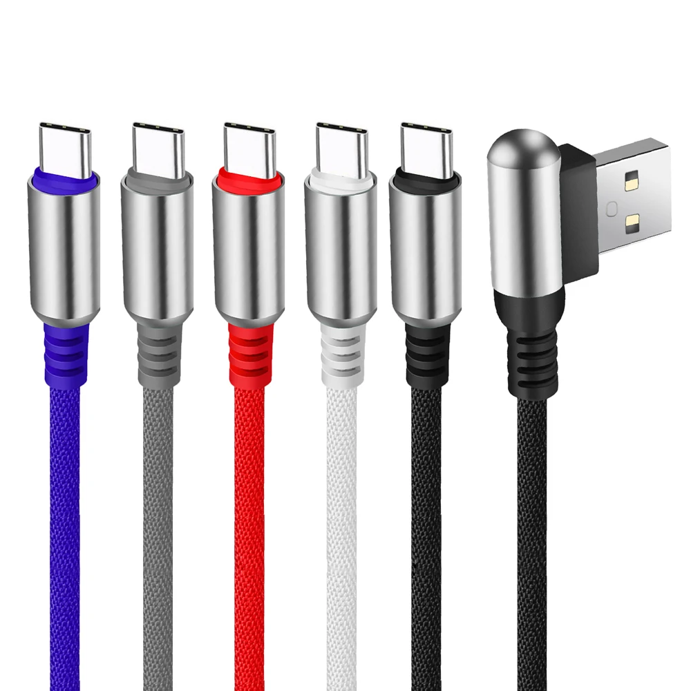 USB Type C Cable 90 Degree elbow Nylon Braided 1M Fast Charging Data Cable for Samsung s8 s9 For Oneplus For Huawei Type-C Cable