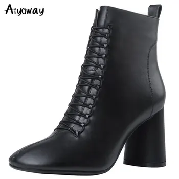 

Hot Sale Women Genuine Leather Chelsea Ankle Boots Autumn Winter Round Toe Zipper High Heel Shoes Black White Aiyoway