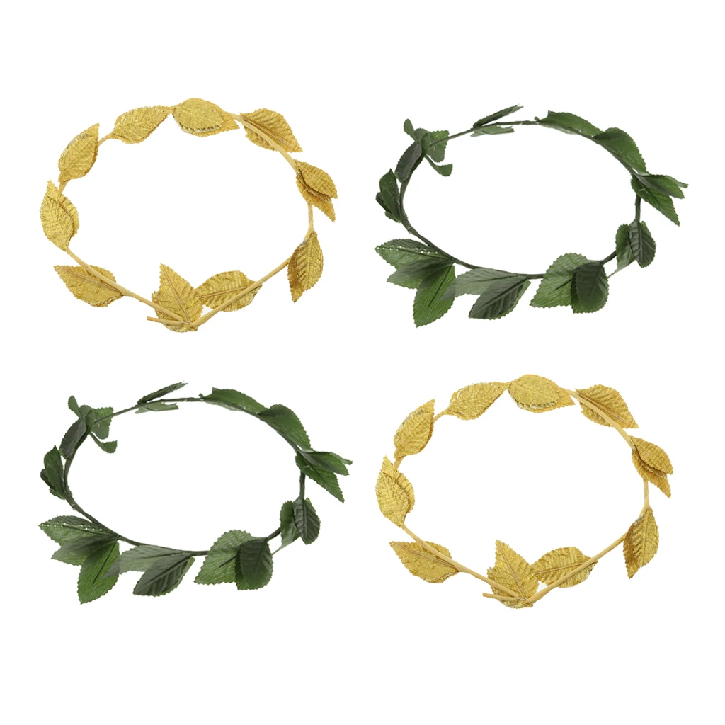 Pack of 4 Pieces Plastic Green Fabric Gold Leaf Hairband, Greek Goddess Laurel Wreath, Fancy Dress Headband