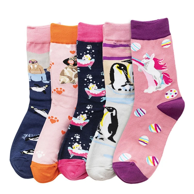Разноцветные носки для женщин и мужчин Harajuku уличная одежда Забавные милые Мультяшные носки с единорогом, пингвином, бегемотом, пончиком в Корейском стиле для девочек