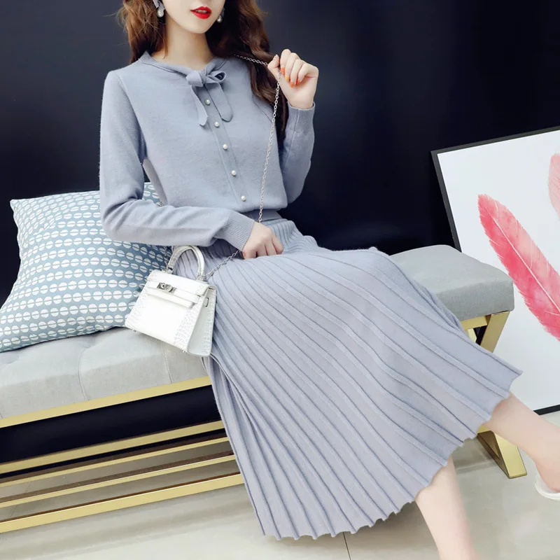 

Spring Knitting Suit WOMEN'S Sweater Women's Autumn And Winter 2019 New Style Two-Piece Knitted Slimming Suit Skirt Versitile Fa