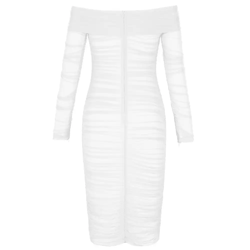 white mesh ruched bodycon dress