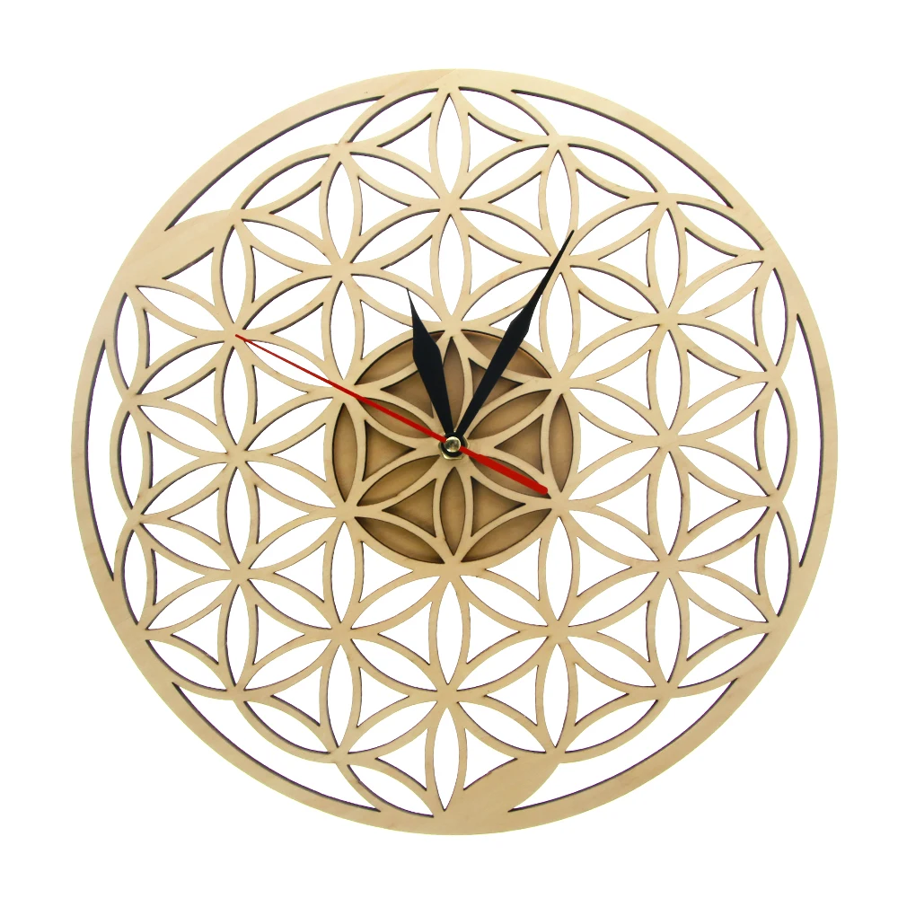 

Flower of Life Intersect Rings Natural Wooden wall Clock Laser Cut Clock Modern Geometric Room Decor Silent Sweep Time Watch