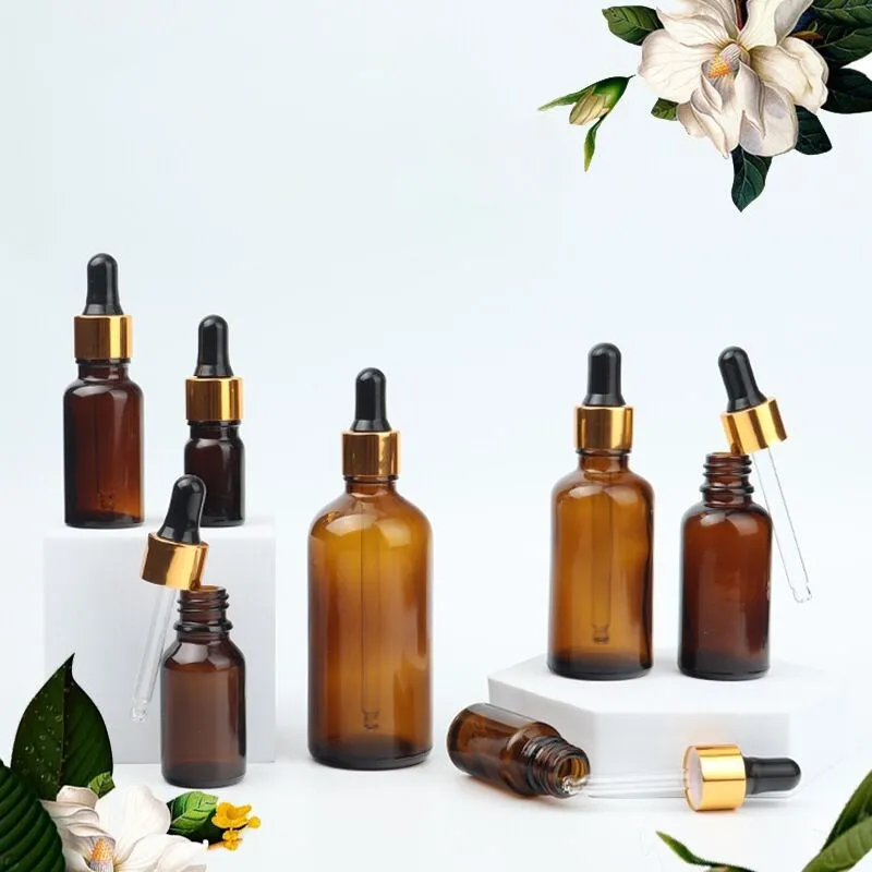 5pcs 5/10/15/20/30/50/100ml Amber Glass Dropper Bottle Jars Vials With Pipette For Cosmetic Perfume Essential Oil Bottles