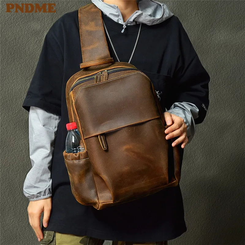 Retro genuine leather large capacity mens chest bag design natural crazy horse cowhide shoulder bag locomotive messenger bag