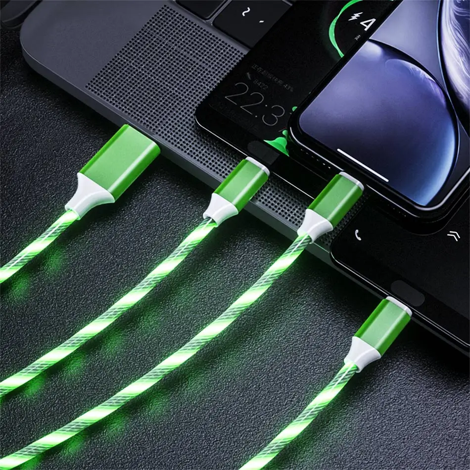 1,2 м 3 в 1 USB кабель для зарядного устройства для мобильного телефона Micro usb type C зарядный кабель для iPhone зарядный светящийся светодиодный светящийся шнур для передачи данных - Цвет: Green