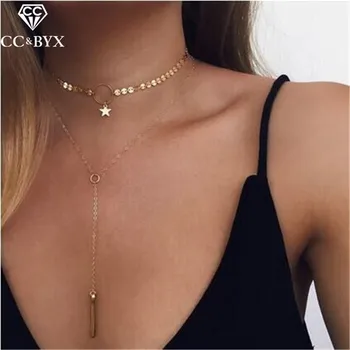 

CC Gold Necklace Chocker Star Pendant 2pcs sets Long Necklaces For Women Female Bijoux Tassel Fashion Jewelry Dropshipping YH27