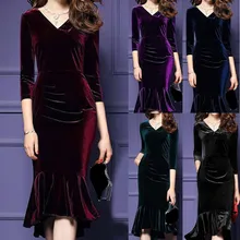 Бархатная юбка для женщин, модная Женская Осенняя бархатная юбка до колена с v-образным вырезом, вечерние Облегающие юбки с длинным рукавом, женская одежда# guahao