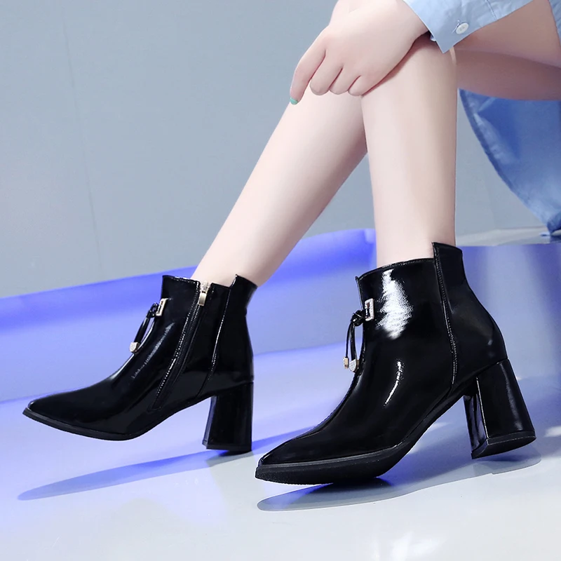 E TOY WORD New Women boots patent Leather Short Boots Women's thick heel shoes comfortable pointed toe high-heeled ankle boots