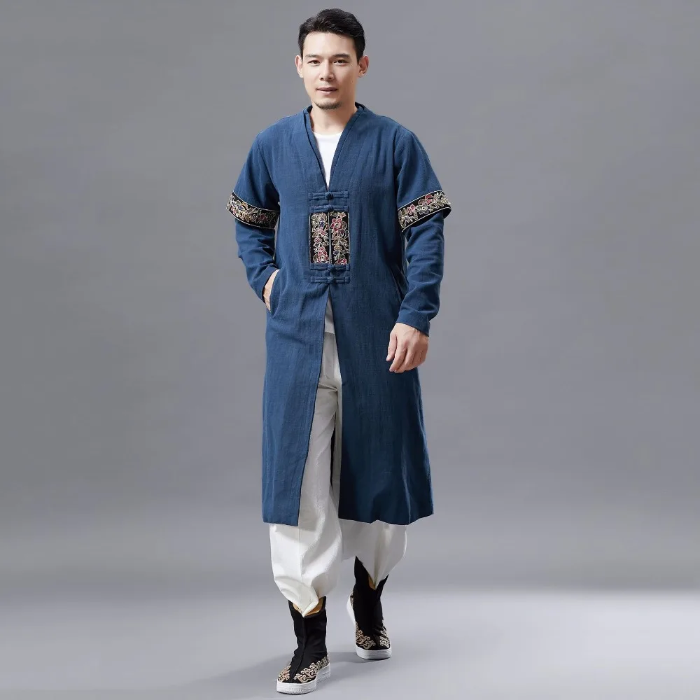 LZJN 2019 Men Autumn Trench Coat Cotton Linen Longline Long Sleeve Jacket Chinese Frog Buttons Outfit Overcoat with Pockets (11)