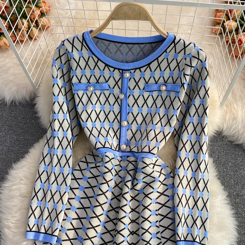 Houndstooth Autumn Winter O-Neck Long Sleeve Knitted Dress Women's Slim Waist Pearl Buttons Fashion Bright Shinny Outfit Vestido Houndstooth Autumn Winter O-Neck Long Sleeve Knitted Dress Women's Slim Waist Pearl Buttons Fashion Bright Shinny Outfit Vestido