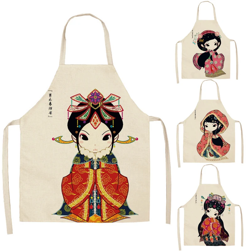 1 Pcs Girl Printed Kitchen Aprons for Women Home Cooking Baking Ancient Costume Beauty Waist Bib Cotton Linen Pinafore