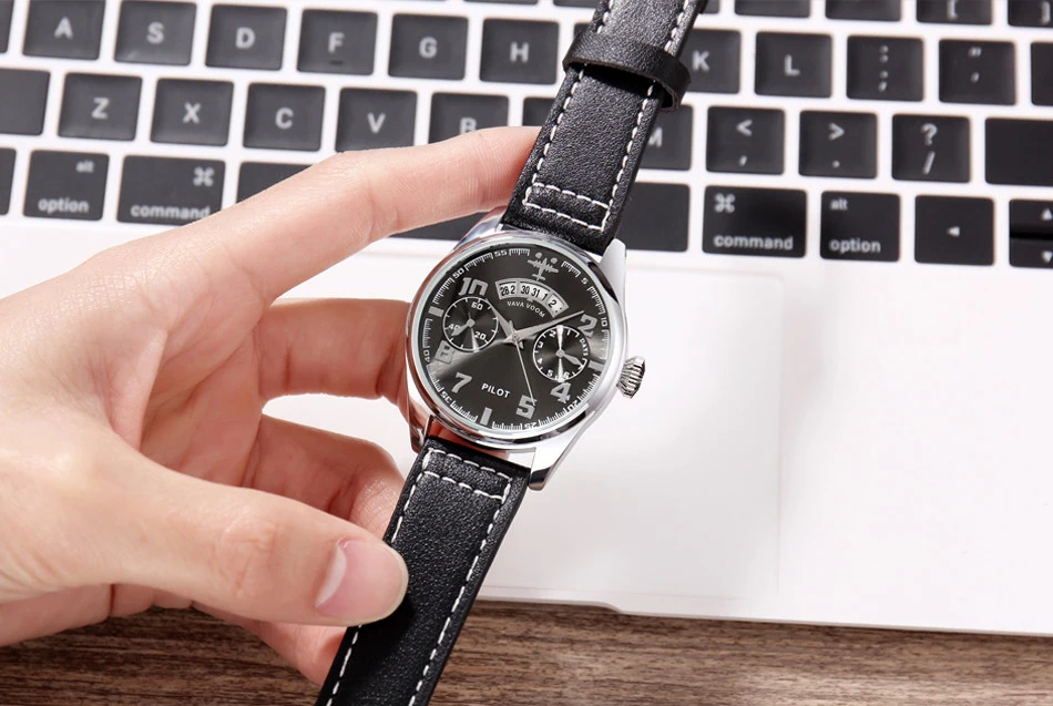 Airplane Sports Military Blue Dial Pilot Calendar Men Wristwatch Chronograph Fashion Casual Brand Army Brown Leather Watches