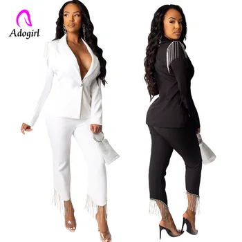 

Tassel Shoulder Notched Neck Blazer 2 Piece Set Elegant White Pants Set Long Sleeve Co-Ord Women Autumn Morden Workwear Twopiece