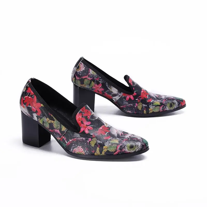 Fashion Print Leather Casual Party Shoes Men High Heels Business Dress Shoes Career Work Height Increase Pointed Toe Shoes 37-46