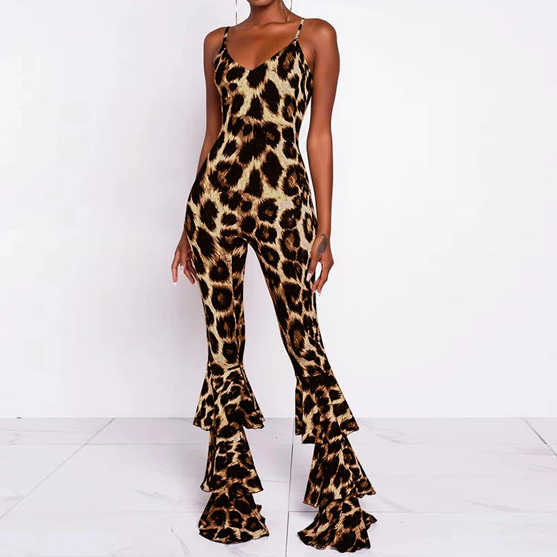 

Summer Leopard Backless Sexy Flare Jumpsuits Deep V Halter Sleeveless Women Casual Plus Size Overalls Club Loose Pants Romper