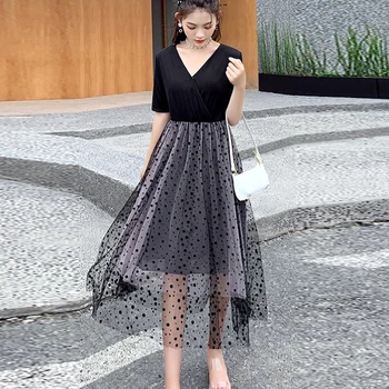 

Maternity Nursing Dress for Pregnant Women Polka Dots Mesh Patchwork Breastfeed Dresses Summer Elegant Fashion Pregnancy Clothes