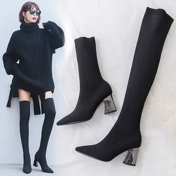 

Knitting Women Over The Knee Boots Square high Heel Women Shoes Sexy Pointed Toe Autumn Winter Long Boots Size 34-43