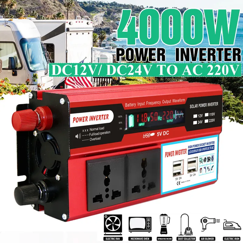 

4000W Power Inverter 4 USB DC 12/24V To AC 220 V Car Adapter Charge Converter LCD Display Modified Sine Wave Transformer