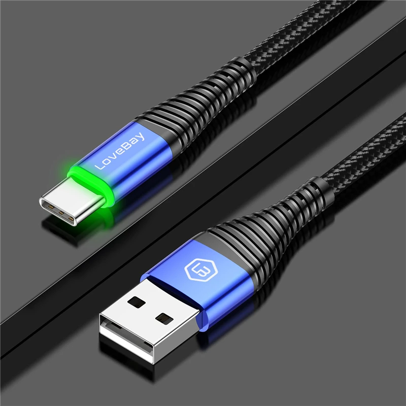 Blue Lovebay светодиодный 3A usb type C кабель Quick Charge 3,0 для samsung S10 мобильный телефон зарядный провод USB C кабель для быстрой зарядки Xiaomi - Цвет: Blue