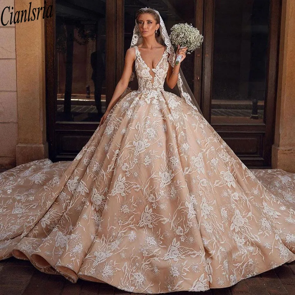 

Gorgeous Sequined Lace Ball Gown Wedding Dresses Sheer Deep V Neck Bridal Gowns Custom Made Cathedral Train Vestidos De Novia