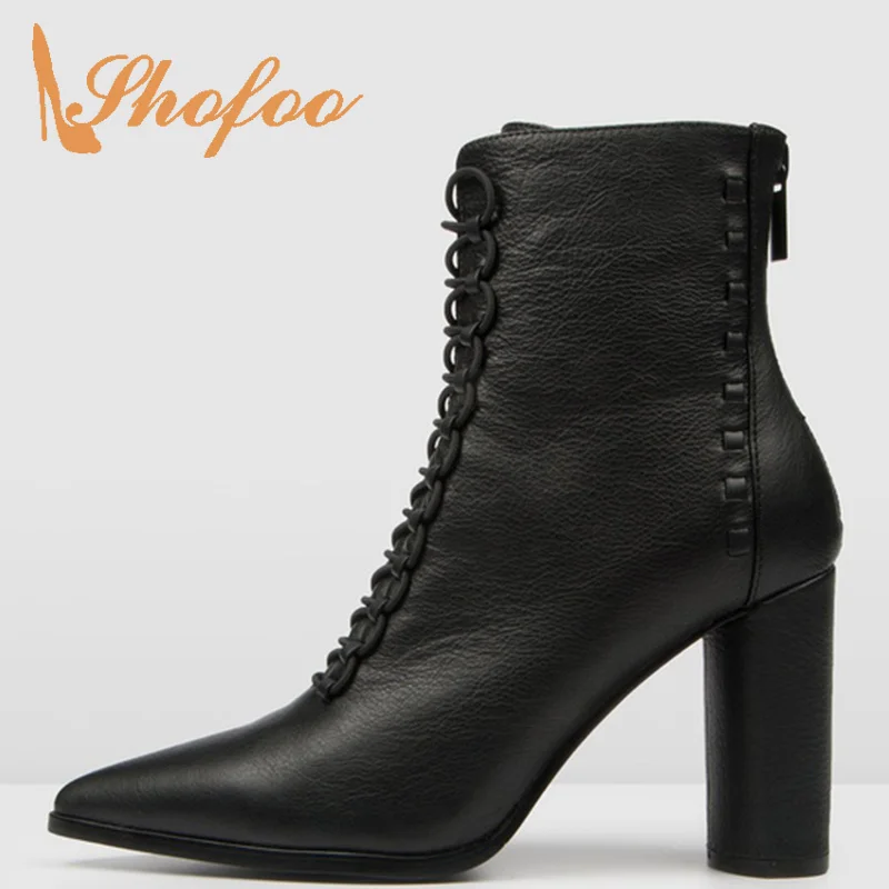 

Black Winter Ankle Boots Woman Pointed Toe High Square Heels Zipper Lace Up Small Size 3 6 Female Casual Booties Shoes Fashion