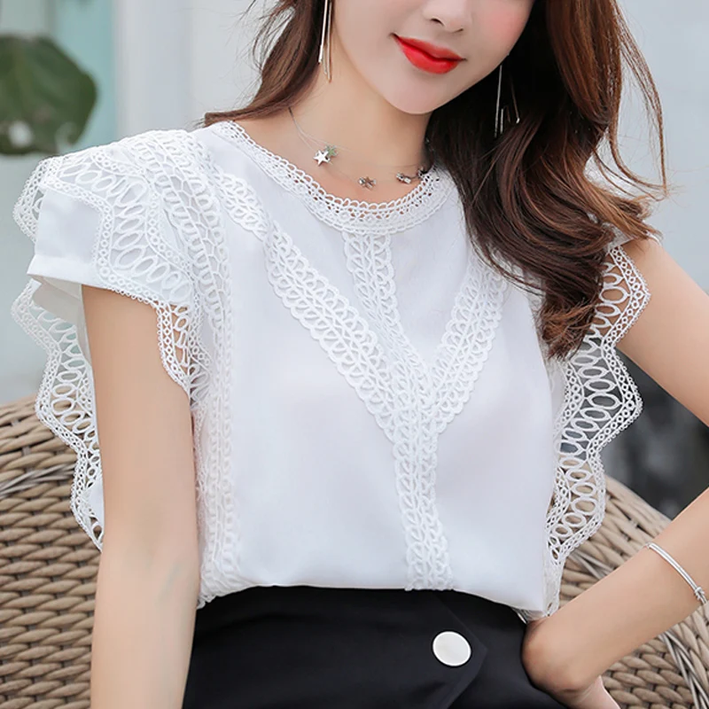 Blusas De Moda para Mujer, De manga corta, blusa blanca gasa con encaje calado, blusa para Mujer C923 - AliExpress