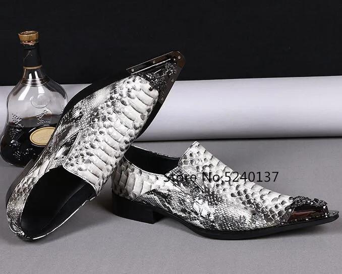 Metal Toe Snake Pattern Men Dress Shoes Slip-on Pointed Toe Genuine Leather Square Heel Massage Shoes Men