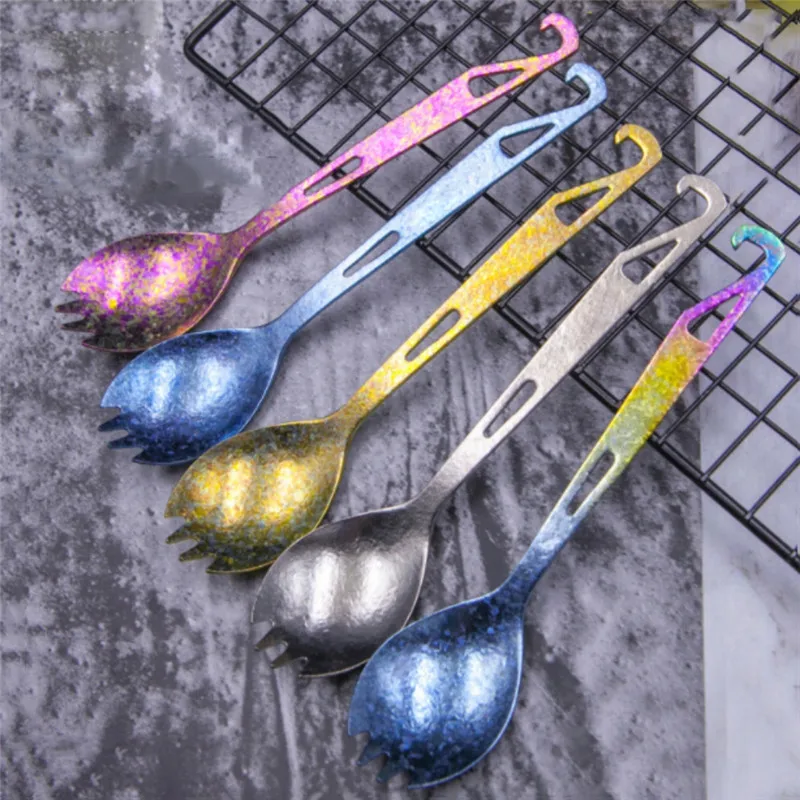 

Camping Equipment Titanium Spork With Bottle Opener Sandblasting Outdoor Camping Titanium Flatware For Travel Camping 25*165mm