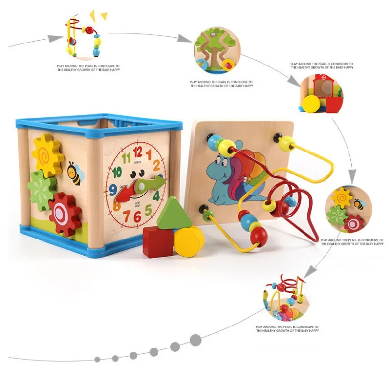 Multifunctional Activity Cube Block Kids Toys Baby Early ducational Wooden Bead Maze Shape Sorter Toys for Children
