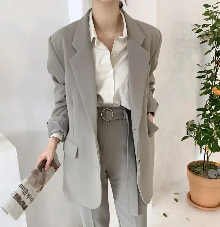 gray blazer LISM корейский Блейзер, костюмы для женщин, одноцветные, с вырезами, свободный, длинный, Женский блейзер, пиджак+ ремень, Повседневный, широкие брюки, костюм, осенняя одежда - Цвет: gray blazer