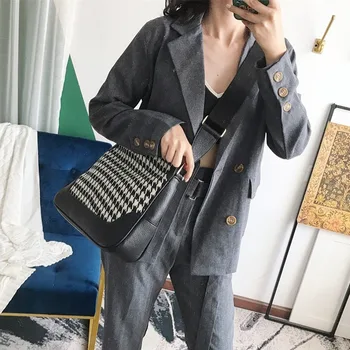 

2019 Autumn And Winter New Style Thousands of Birds Woolen Tote Bag Wide-Strap Shoulder Bag Bag Women's purses and handbags