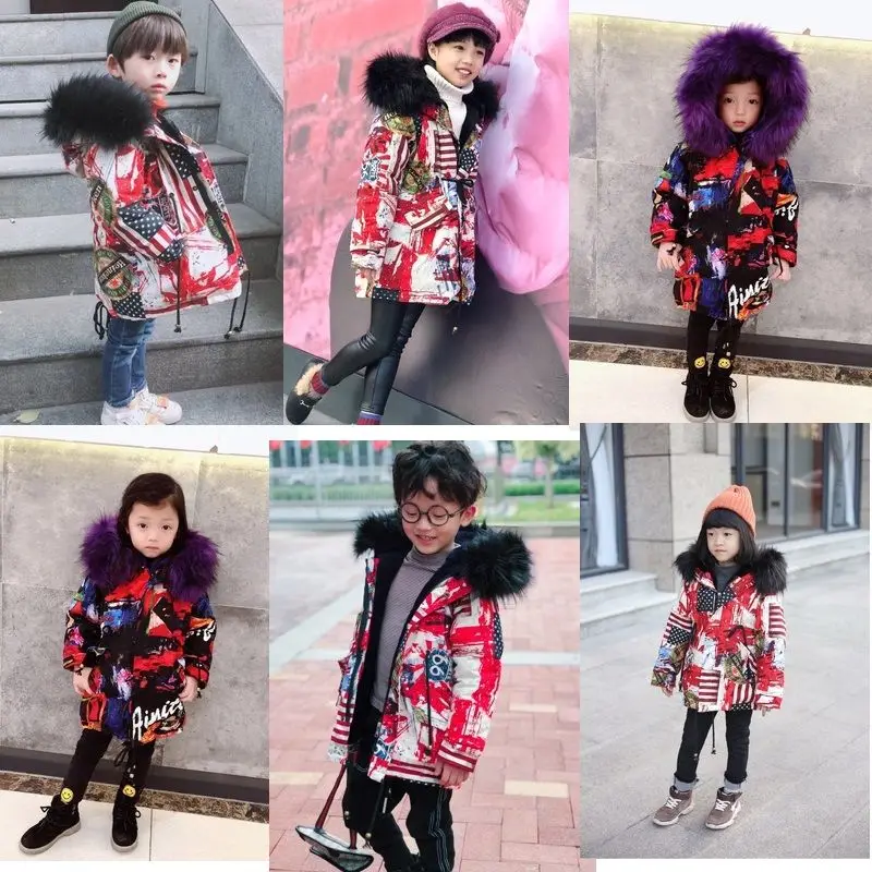 Fashion Children Winter down cotton Jacket Girl clothes Kids Warm Thick fur clothing Hooded long Coat For Teenage 4Y-13Y