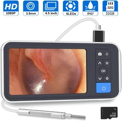 Otoscope numérique de 3.9mm, écran LCD de 4.5 pouces, 1080P HD, caméra de cire d'oreille, Endoscope avec batterie de 2500mAh et carte TF de 32 go 