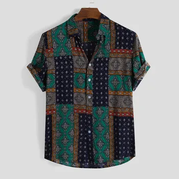 Womail 2019 New Arrival Summer Vintage Ethnic Style Men Shirt Loose Printing Rayon Button Short Sleeve Beach Hawaiian Shirts 10