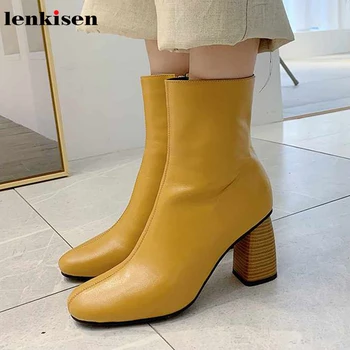 

Lenkisen genuine leather chunky fashion multicolor boots round toe high heels young lady Non-slip winter women ankle boots L13