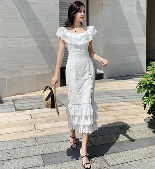 

2020 New Women Slash Neck Mermaid Dress Runway Summer White Cotton Ruffles Embroidey Bodycon Side Split Button Holiday Dresses