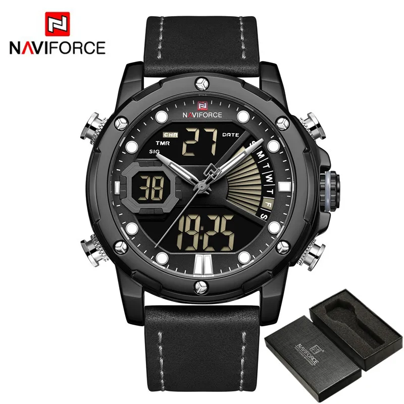 NAVIFORCE, мужские часы, цифровые, спортивные, Лидирующий бренд, Роскошные, мужские наручные часы, Военный стиль, натуральная кожа, светодиодный, кварцевые, модные мужские часы, 9172 - Цвет: NA917204 with box