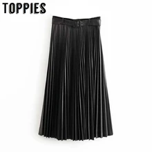 Черная кожаная юбка с поясом, зимние плиссированные юбки для женщин, высокая талия, Faldas Mujer Moda