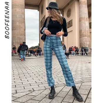 

BOOFEENAA Vintage High Waist Straight Plaid Pants for Women Comfy Clothes Cool Sweatpants 2020 Fashion Casual Trousers C71-AH10